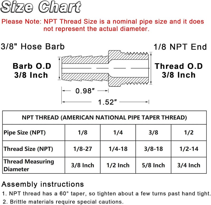 KOOTANS 4pcs Brass Hose Barb Fittings 3/8" Hose Barb to 1/8 NPT Male Thread Air Hose Fittings Brass Quick Coupler Air M Type Adapter Connector Fitting - Image 2